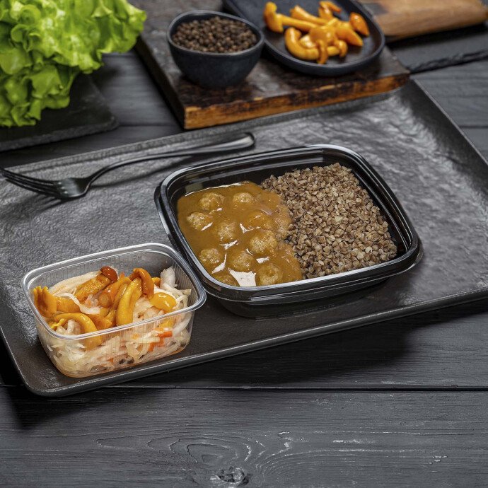 Фрикадельки мясные с гречкой и закуска из маринованой капусты с опятами